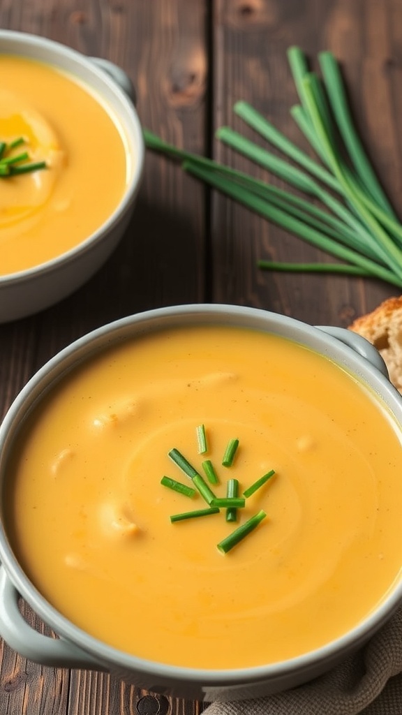 A bowl of creamy cauliflower and yam soup garnished with chives, served with crusty bread on a rustic table.